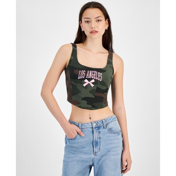 Grayson Threads, the Label Juniors' Cropped Camo-Print Graphic Top Multicolor, M - Picture 1 of 3